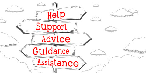 Help, support, advice, guidance, assistance - outline signpost with five arrows