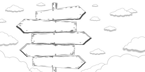 Outline signpost with five clear arrows © PX Media