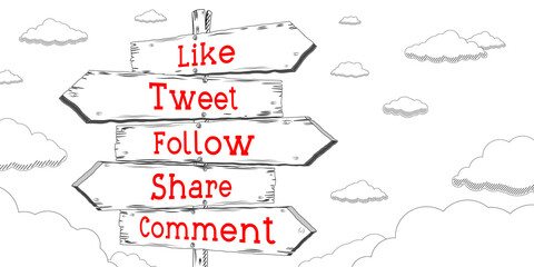 Like, tweet, follow, share, comment - outline signpost with five arrows
