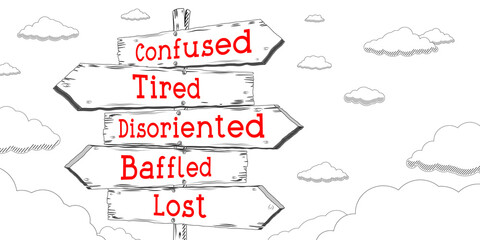 Obraz premium Confused, tired, disoriented, baffled, lost - outline signpost with five arrows