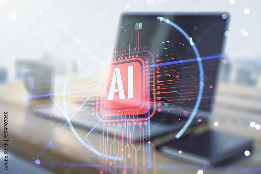 Poster double exposure of creative artificial intelligence abbreviation and modern desk with computer on ba