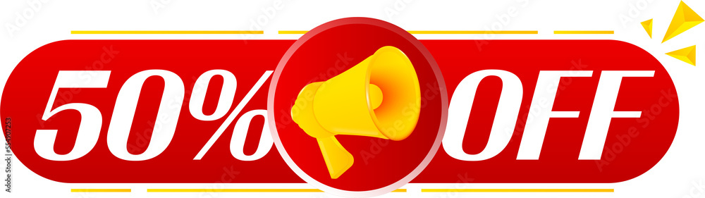 Aufkleber megaphone with 50 percent off on white background. megaphone banner. web design. vector