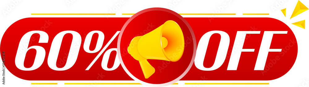 Aufkleber megaphone with 60 percent off on white background. megaphone banner. web design. vector