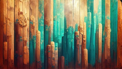 Turquoise wooden background. Weathered blue texture. Teal beach board. Old wall made of painted wood. Vintage pattern design. AI generated art