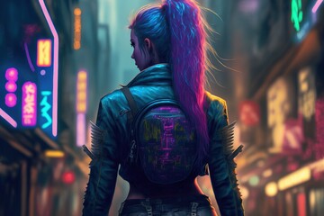 Fototapeta na wymiar A beautiful woman from behind with long purple hair and a backpack standing in a colorful neon light city at night, generative ai