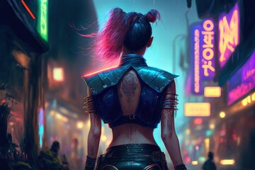 A hot futuristic cyberpunk girl with short clothes and tattoos standing in a futuristic neon light city at night, generative ai