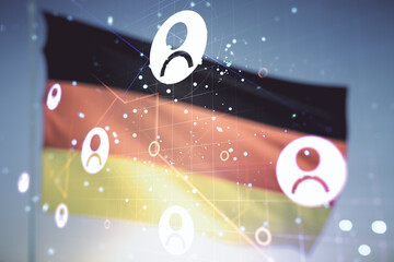 Double exposure of abstract virtual social network icons on German flag and blue sky background. Marketing and promotion concept