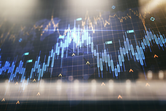 Multi exposure of virtual abstract financial chart hologram and world map on modern business center exterior background, research and analytics concept
