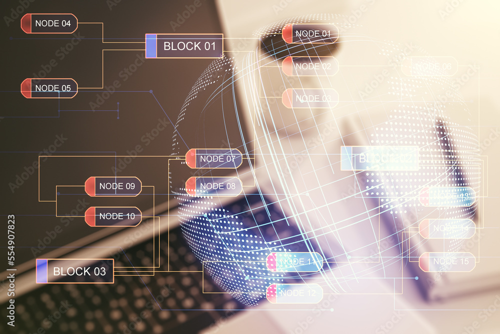 Poster abstract creative coding concept with world map on modern laptop background. multiexposure