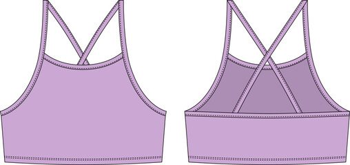 Girl bralette technical sketch. Pastel purple color. Women's top bra with straps underwear design template. - obrazy, fototapety, plakaty