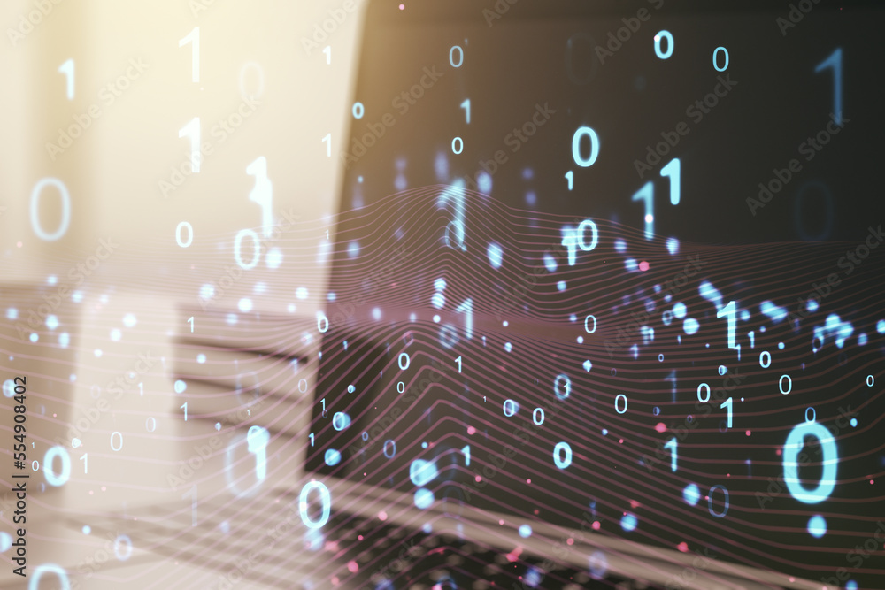 Leinwandbilder creative abstract binary code hologram on modern computer background, ai and machine learning concep