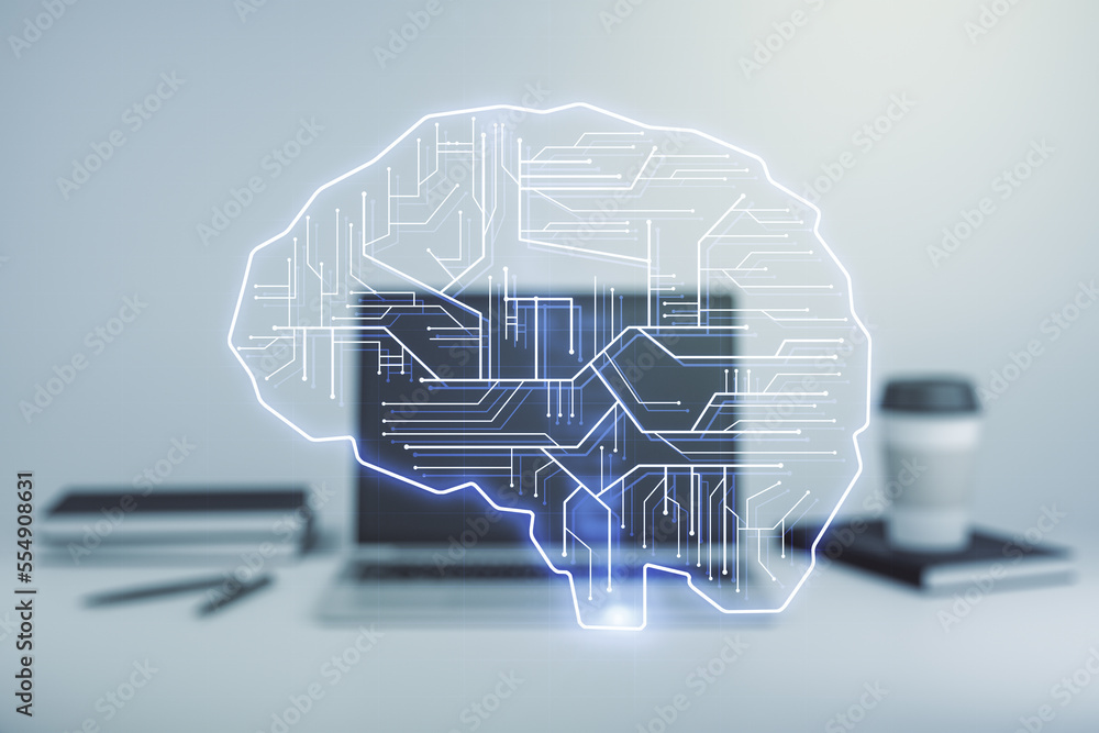 Poster double exposure of creative human brain microcircuit with computer on background. future technology 