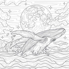 Whale in the sea and full moon.Coloring book antistress for children and adults. Illustration isolated on white background.Zen-tangle style. Hand draw