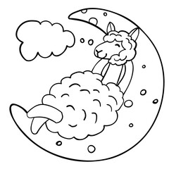 Outline cute llama lies on the moon isolated on white background. Perfect for coloring page, coloring book, print. Vector illustration.