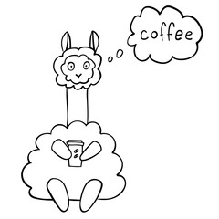 Hand drawn cute outline llama holding a cup of coffee isolated on white background. Perfect for coloring page, coloring book, print. Vector illustration.