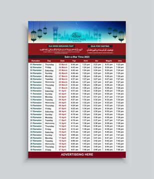 Printable Ramadan Calendar Design Template 2023 with Sehri Iftar Arabic  Calligraphy Dua and Ramadan time table schedule vector illustration. Stock  Vector | Adobe Stock