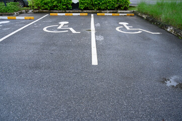 White handicapped symbol painted on asphalt floor special lane parking. Disabled parking spaces. traffic sign about handicaps.