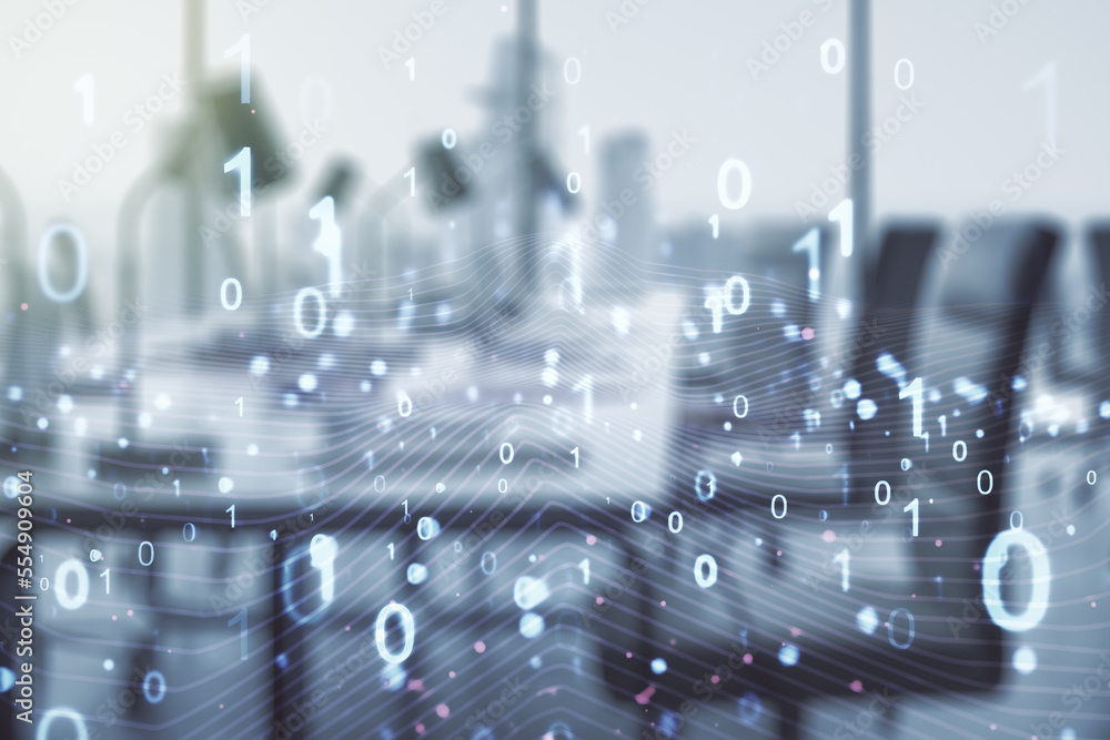 Leinwandbilder abstract virtual binary code illustration on a modern furnished office background. big data and codi