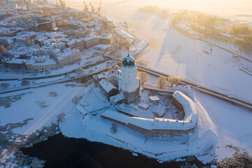Vyborg city in winter top view.