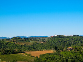 Hills, meadows and vineyards, Tuscan village, Italy