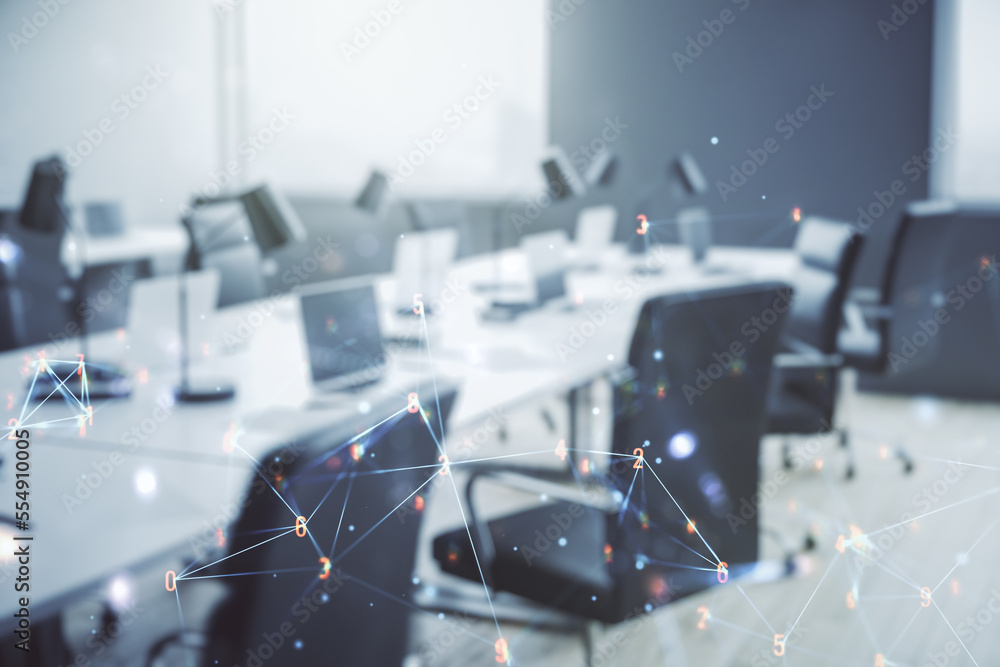 Poster double exposure of abstract virtual technology hologram on modern corporate office background. resea
