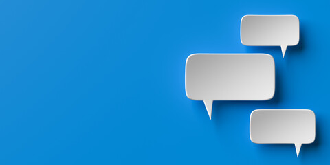 Social media notification icons, white speech bubbles on blue background copy space. 3D rendering