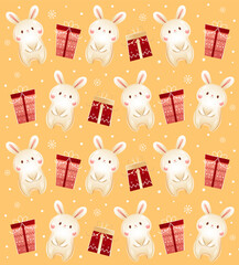 Christmas and New Year's pattern with the image of the symbol of the year bunnies and gift boxes on a yellow background. Funny Christmas bunny character.