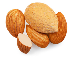 Almonds isolated on white background. Almond nut raw pieces closeup