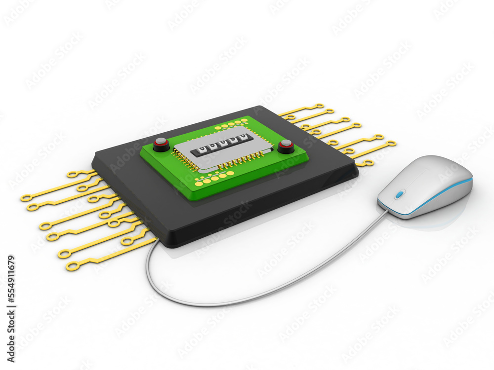 Poster 3d rendering latest computer microchips connected mouse