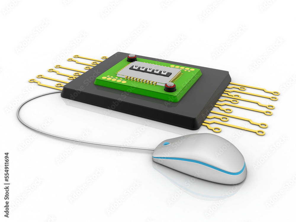 Poster 3d rendering latest computer microchips connected mouse