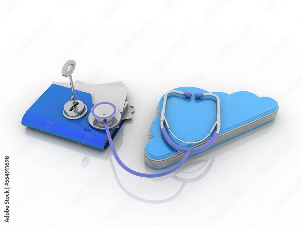 Poster 3d rendering cloud folder storage with stethoscope
