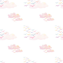 Watercolor seamless pattern. Hand painted illustration of flying birds and clouds in purple, blue, pink, yellow colors. Sky with clouds. Print on white background for fabric textile, packaging