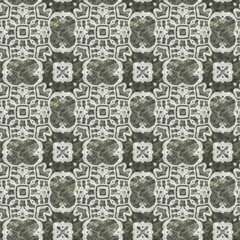 Mosaic geometric green seamless texture pattern. Trendy kaleidoscope woven design for printed fabric. Rough abstract textile design. 