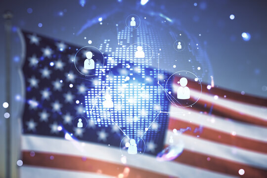 Virtual social network hologram and world map on USA flag and sunset sky background. Multiexposure
