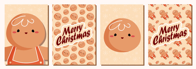 Set of Merry Christmas and happy new year greeting card with cute Gingerbread. Holiday cartoon character in winter season. Vector Illustration