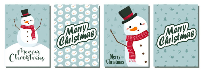 Set of Merry Christmas and happy new year greeting card with cute Snowman. Holiday cartoon character in winter season. Vector Illustration