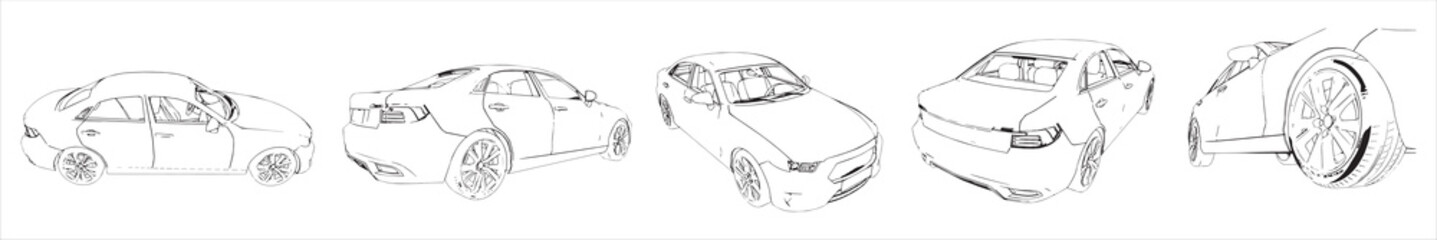 Vectorconceptual set or collection of an urban car sketches from different perspectives as a metaphor for transportation and travel, independence, flexibility and freedom, privacy and safety