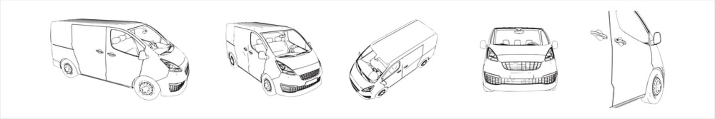 Vector conceptual set or collection of an urban bus sketches from different perspectives as a metaphor for transportation and travel, independence, flexibility and freedom, privacy and safety