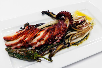char grilled mediterranean style octopus tentacle with padron pepper, chicory and lemon wedges