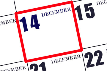 Daily calendar for 14 December. Winter month, day of the year concept.