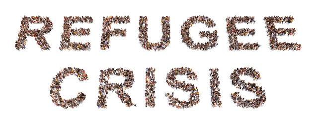 Concept or conceptual community of people forming the REFUGEE CRISIS message  3d illustration metaphor for safety from war, civilians, international support, human rights, health care and shelter