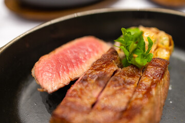 Sliced of grill meat steak rib eye medium rare