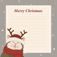 Template for a letter with illustration of a cat in a Santa hat and deer hooves. Happy New Year, Merry Christmas and Happy Holidays card.