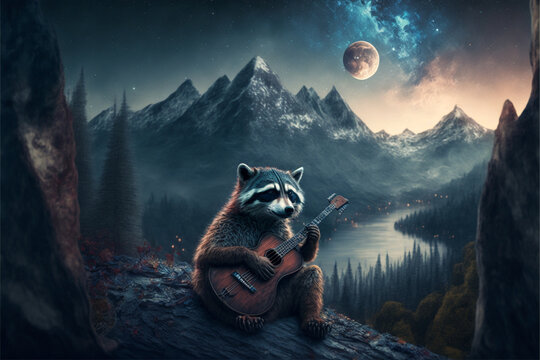 raccon with a guitar in the mountains