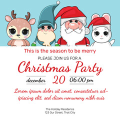 Christmas Party invitation template. Winter holiday illustration with a gingerbread man, an elf, a Santa Claus, a snowman and a little deer on a background of a snowfall. Vector 10 EPS.