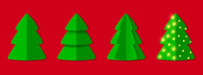 Set of Green Paper Fir Trees. Different 3d Christmas Trees. Merry Christmas and Happy New Year decorative objects