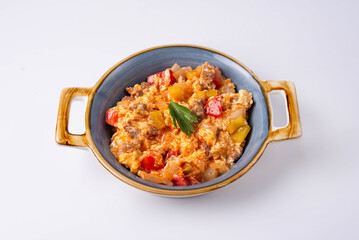 stewed vegetables with meat. on a white background