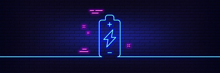 Neon light glow effect. Battery charging line icon. Electricity energy type sign. Lightning bolt symbol. 3d line neon glow icon. Brick wall banner. Battery charging outline. Vector