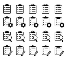 Clipboard icon. Checklist with gear, checkmarks, magnifier and pencil. Vector illustration.