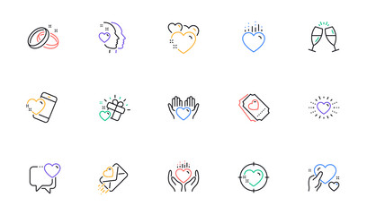Love line icons. Gift box, Heart and Romantic letter. Wedding rings, glasses with champagne, love heart icons. Linear set. Bicolor outline web elements. Vector